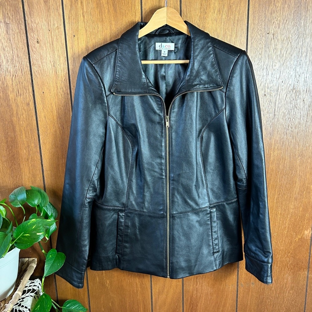 Vintage d&co Black Leather Zip Front Jacket Women's Size‎ Medium Moto Grunge